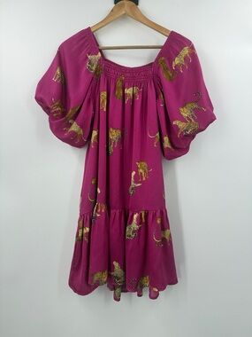 Entro hot pink leopard print mini dress puff sleeves pockets square neck